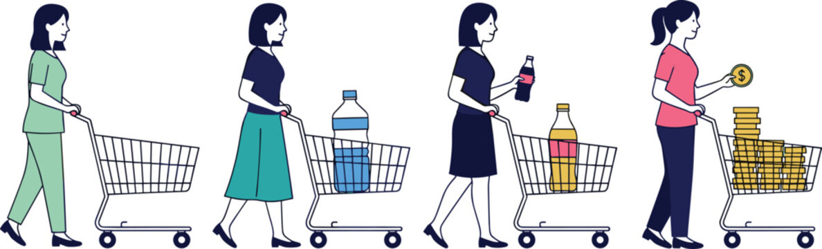 Consumer shopping behavior concept showing woman with cart evolving from basic needs to luxury purchases financial lifestyle vector illustration