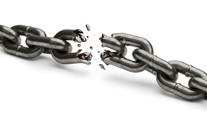 Broken chain link on white background.