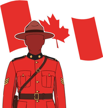 A traditional illustration of a Canadian mounted police officer wearing the iconic red serge uniform and wide-brimmed hat, symbolizing national pride and heritage.