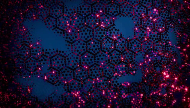 Dark blue background with red and black molecular structure pattern illustration