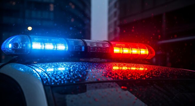 Close-up of a police car emergency lights flashing red and blue at night, creating a dramatic and urgent atmosphere