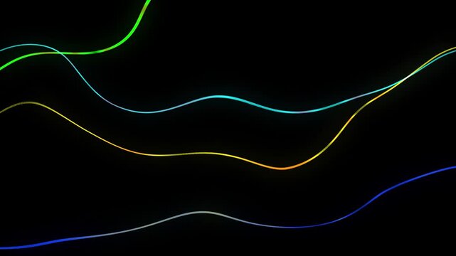 Dynamic neon light lines flow smoothly on black background creating abstract visual equalizer effect motion graphics animation.