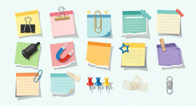 Collection of colorful sticky notes and office supplies.