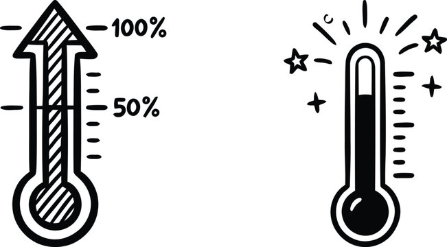 Hand drawn doodle vector illustration of two thermometers measuring performance up to one hundred percent, featuring an upward arrow and shining stars indicating maximum success.