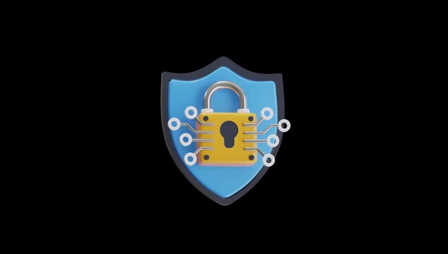 A blue shield icon with a dark gray border is displayed prominently on a solid black background.