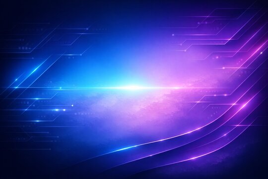 Futuristic abstract background with blue and purple glowing light trails, digital circuit lines, and cosmic nebula effects. Perfect for tech designs.
