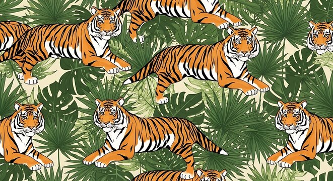 Tigers in a jungle setting seamless pattern design for print and web use