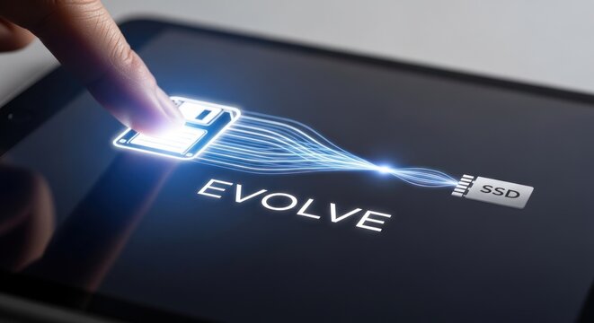 Person touching digital screen for floppy disk transforming modern ssd drive, for technological evolution progress data storage digital transformation