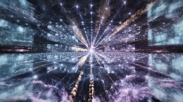 A mesmerizing digital artwork depicts a futuristic cityscape enveloped in a network of glowing energy lines and shimmering particles, creating a sense of boundless innovation and interconnectedness.