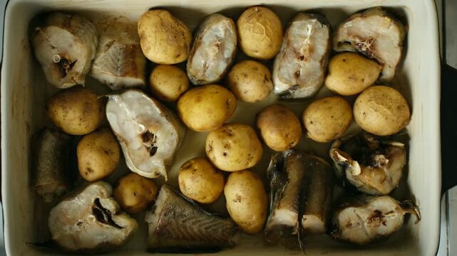 Top view homemade dish with baked fish steaks, roasted new potatoes in white ceramic baking pan, healthy nutritious meal ready to served for dinner or lunch. Delicious baked fish with roasted potatoes