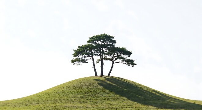 Three trees on a green hill with clear sky background