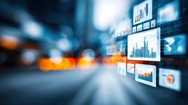 Data Visualization in Motion: A dynamic display of data charts and graphs floats against a blurred cityscape, illustrating the rapid flow and analysis of information in modern technology.