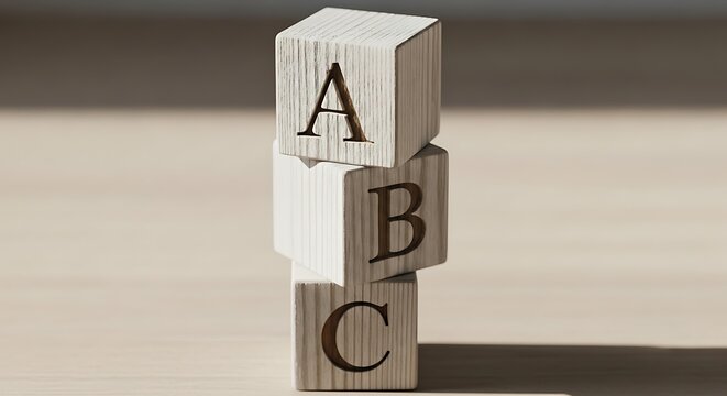 Stacked wooden blocks with letters a b and c a simple educational concept
