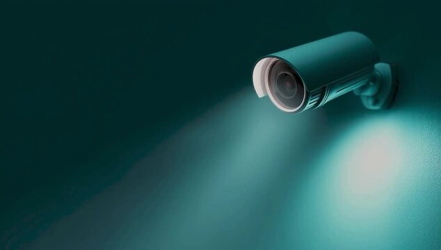 A security camera mounted on a dark wall shines a spotlight downwards.