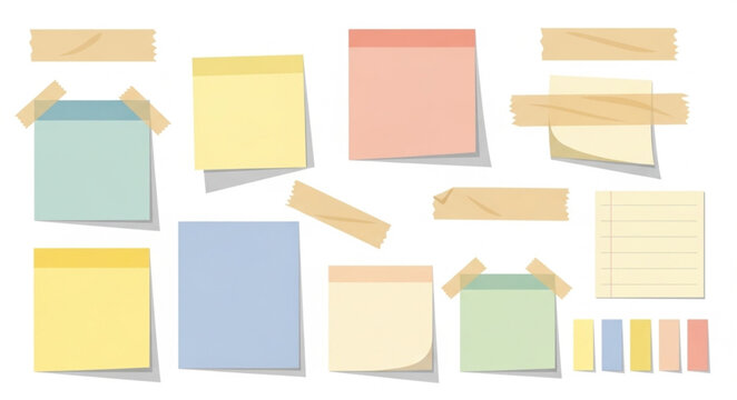 Collection of colorful sticky notes and tape strips.