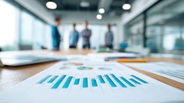 Business Discussion: A boardroom table is the center of attention, it has graphs and charts for discussion, and in the background, out of focus, a team strategizes.