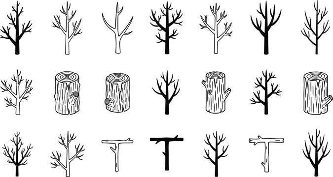Bare Tree Branch and Wood Log Silhouette Set Featuring Hand Drawn Dead Trees Timber Stumps and Wooden Textures for Winter Nature Forest and Rustic Forestry Design Vector Illustration