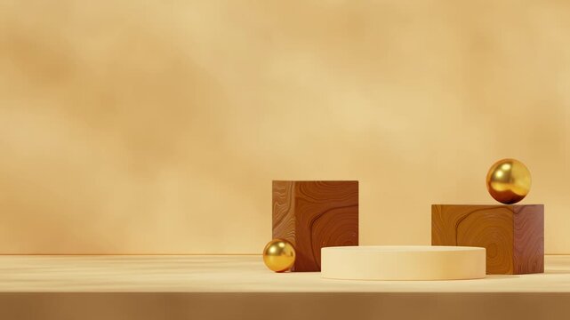 rendering 3d footage scene mockup of yellow podium seamless shadow animation looping with purple terrazzo cube and gold sphere