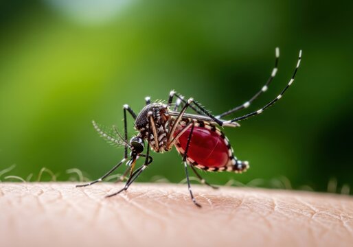 close-up mosquito feeding on human blood with blurred green background