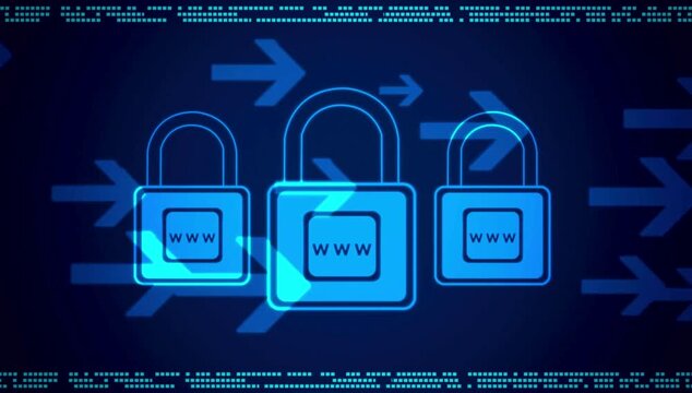 Digital illustration of three padlocks with website symbols on a dark blue background with code and arrows