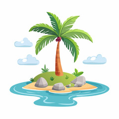 Obraz premium Cartoon tropical island with palm tree and clouds