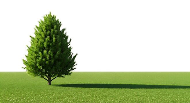 A solitary pine tree on green grass with a long shadow
