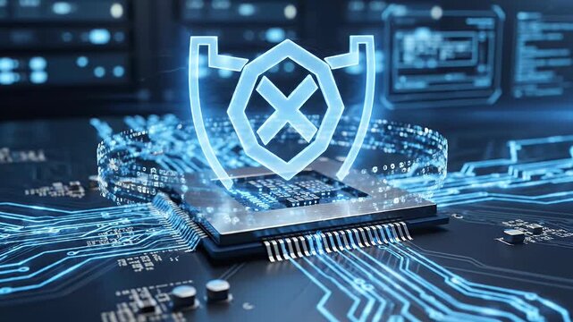 A futuristic digital rendering showcases a microchip protected by a glowing shield, symbolizing cybersecurity and data protection in a technological landscape.