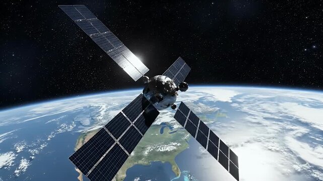 A detailed view of a communication satellite orbiting Earth, showcasing its solar panels and reflecting sunlight against the backdrop of the planet's curvature.