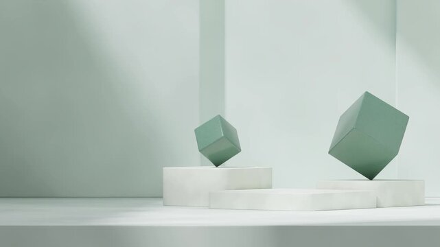 3d footage render mockup template of mint green rectangle podium looping seamless shadow animation with cube terrazzo shape backdrop