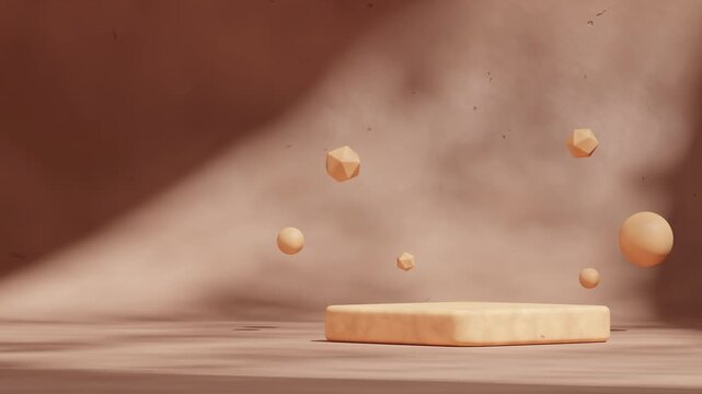 floating shape and brown wall in 3d footage render of blank mockup rectangle yellow podium seamless loop shadow animation