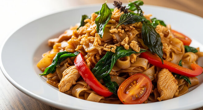 Drunken Noodles Pad Kee Mao Spicy Thai Basil Chicken Wide Rice Noodles