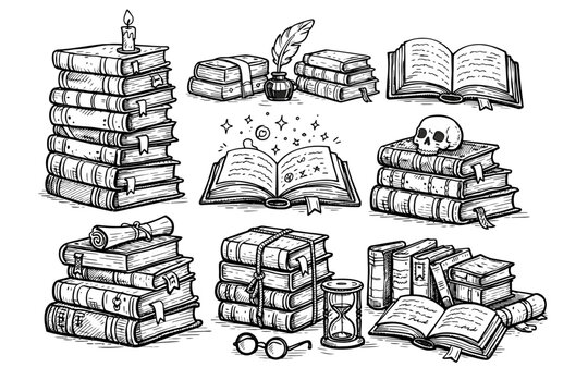 Doodle books set. Hand drawn library, literature education and learning concept. Old medieval book pile, stack vector illustration