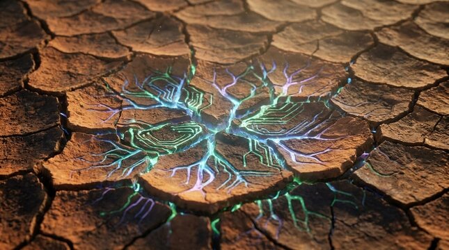 Surreal Cracked Earth Pattern with Bioluminescent Ciruits and Crystalline VeinsBackground