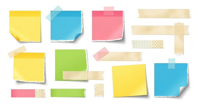 Collection of colorful sticky notes and tape pieces.