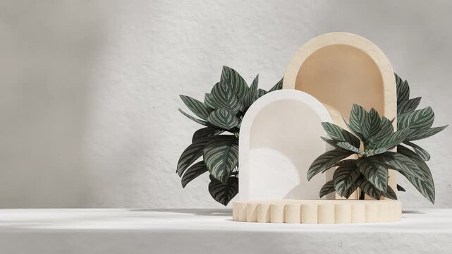 white and yellow podium seamless loop shadow animation with calathea leaf houseplant, 3d video rendering scene mockup