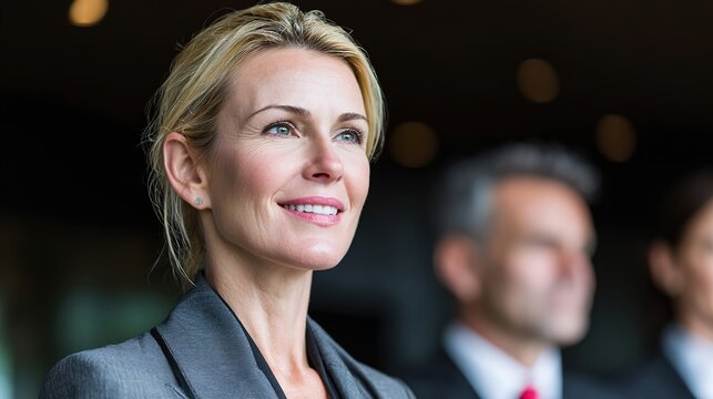 Vision of Leadership: A confident executive embodies leadership, her gaze fixed on the future with a hint of a smile, symbolizing authority and forward thinking.