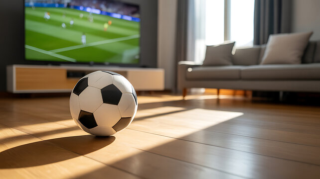 A soccer ball on a wooden floor in a living room with a tv showing a soccer game in the background with a couch