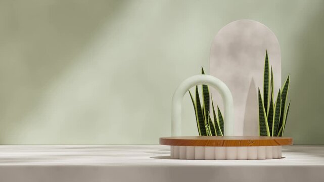 white and sage wall, sansevieria in 3d video rendering of blank space wood cylinder podium seamless loop shadow animation