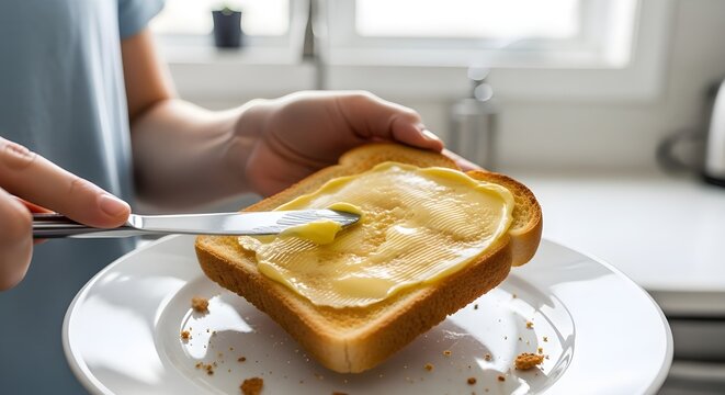 image of hands buttering toast on a white plate in a bright kitchen.