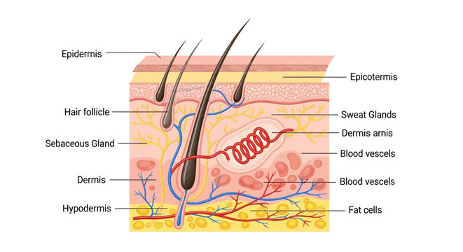 Detailed Diagram of Human Skin Layers and Hair Follicle Anatomy.