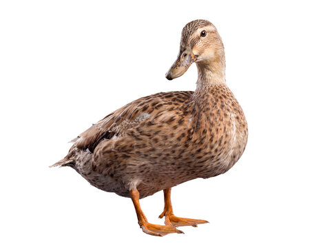 Alert brown female mallard duck looking directly forward, standing alone on a transparent background.