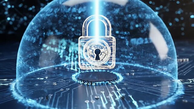 A futuristic digital padlock hovers above a glowing circuit board, symbolizing cybersecurity and data protection in a high-tech environment.