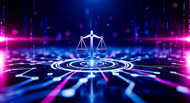 Symbolic digital scales of justice hover above a glowing circuit board with abstract futuristic technology data streams in neon blue and magenta lighting, representing legal fairness and digital law.