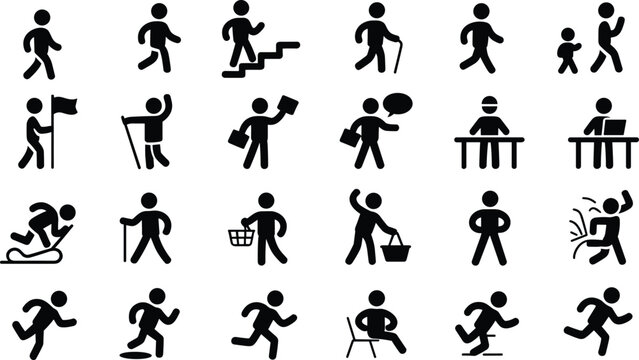 Black silhouette pictogram set of people walking, running, sitting