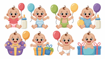 Fototapeta premium Cute Baby Characters Vector Set Balloons, Milk Bottles and Gifts Celebration