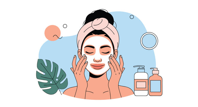 Relaxed woman enjoying a spa day while applying a nourishing facial mask with skin care products and a green tropical leaf.
