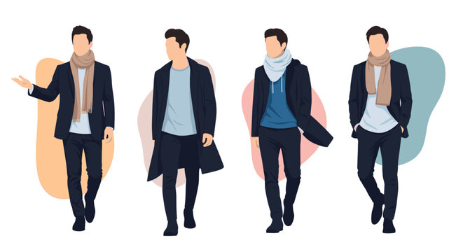Diverse group of stylish men wearing autumn and winter coats with scarves walks forward against colorful abstract backgrounds.