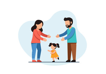 Fototapeta premium Family Love Illustration: Parents Welcoming Young Daughter with Open Arms, Flat Vector Style for Parenting and Childhood Concepts