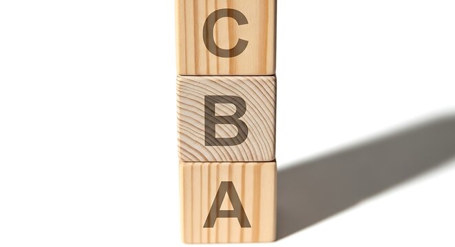Wooden blocks stacked with letters c b and a in descending order