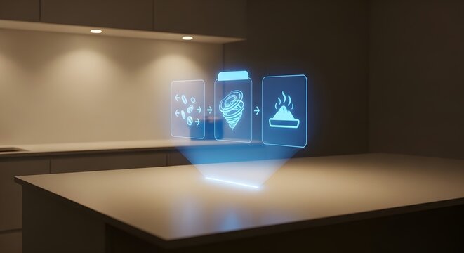 3D holographic brain and lightbulb innovation display on modern kitchen counter